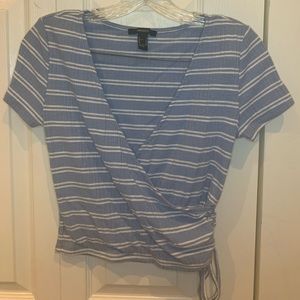 blue and white stripped cross over crop top